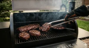 A detailed, photorealistic close-up illustration of a Traeger pellet grill cooking venison steaks and wild game loin, handled with tongs on a Canadian wood deck in natural light.