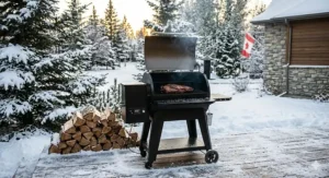 A photorealistic illustration of a Traeger pellet grill efficiently operating in a snowy Canadian backyard, with snow blanketing the deck and trees, under cold, natural light.