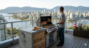 A photorealistic 4K detailed illustration focuses on an urban balcony setting in Vancouver, British Columbia. On the high-rise condo balcony, a custom-fabricated compact built-in gas BBQ is integrated into a polished concrete and cedar plank outdoor kitchen island, smaller in scale than image_0.png but high-quality. Natural, warm evening light illuminates the scene, which features a small Canadian flag and a glass of BC wine. The background is a spectacular, clear panoramic view of the downtown Vancouver skyline, Burrard Inlet, and the snow-capped North Shore Mountains. A person in casual clothing stands near the BBQ, looking out at the view. The flooring is composite decking, and the railing is modern glass and steel, ensuring unobstructed views.