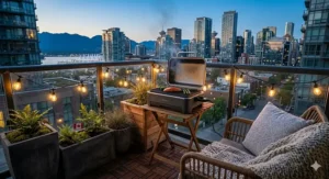 A cozy Pacific Northwest style balcony in Vancouver featuring a small gas grill and warm string lights.