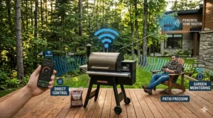 Alt text for image 5: Diagram showing stable WiFi connectivity between a home router and a pellet grill located on a large patio.