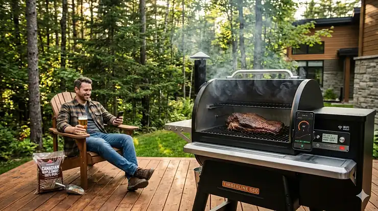 Alt text for image 1: A premium WiFi pellet grill smoking brisket on a cedar deck in a Canadian backyard during a summer sunset.