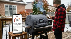 Smartphone app interface for a WiFi pellet smoker featuring English and French temperature settings for Canadian users.