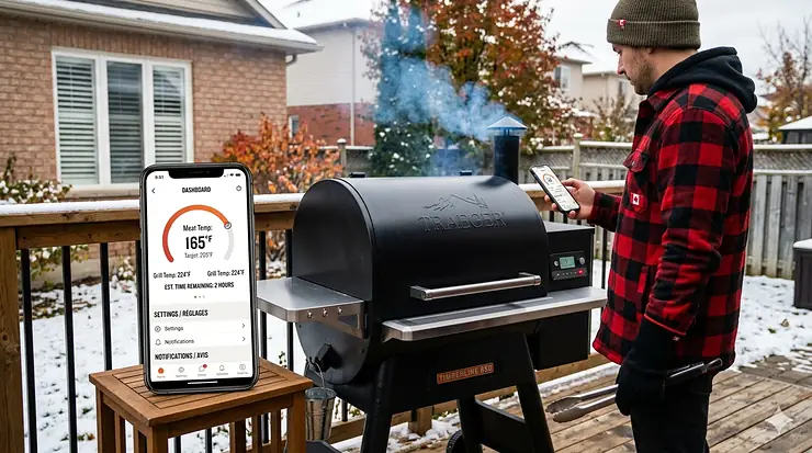 A WiFi pellet smoker operating on a snowy deck in Ontario, controlled remotely by a smartphone app for year-round Canadian BBQ.