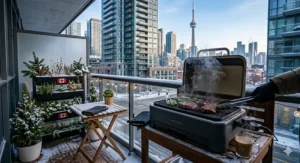 A Canadian grilling enthusiast using a small balcony BBQ during a light snowfall, showcasing year-round outdoor cooking.