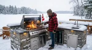 A photorealistic 4K detailed illustration transforms the high-end built-in gas BBQ setup from image_0.png into a deep Canadian winter scene. Snow blankets the surrounding granite stone and the wooden deck. The man from image_0.png, now bundled in a heavy red and black plaid down parka, wool toque, and thermal gloves, is actively grilling. The open lid reveals a fierce, high-performance blue flame, conquering the cold, with steam dramatically rising. Natural, cold daylight illuminates the scene; the lake from image_0.png is visible as a vast, frozen, snow-covered expanse. A small, snow-dusted Canadian flag is still on its pole.
