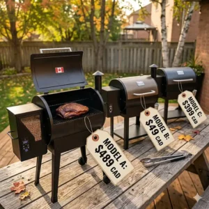 A durable pellet smoker maintaining consistent temperature during a snowy Canadian winter in Quebec.