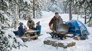 Illustration of a rugged portable gas BBQ being used for winter camping in the Canadian snow.