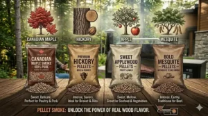 Alt text for image 4: Infographic showing different wood pellet types including Canadian Maple and Hickory for authentic BBQ flavor.
