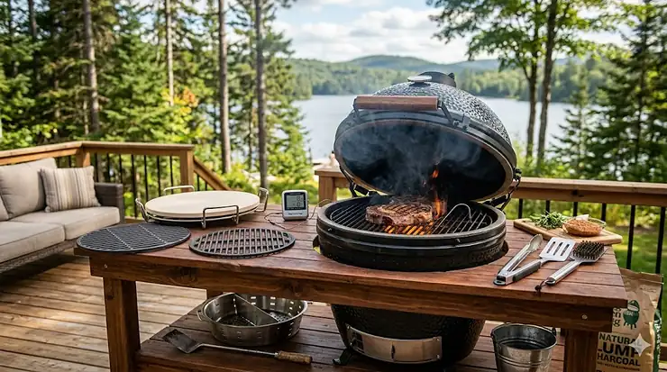 A premium ceramic kamado grill with essential accessories like a heat deflector and ash tool on a Canadian backyard deck. kamado grill accessories