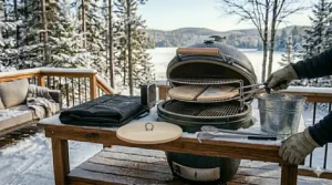 Ceramic heat deflector plates used for indirect cooking and low-and-slow smoking on a kamado grill.