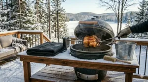 Electric rotisserie kit attachment for a kamado grill showing a slow-roasting whole chicken for a family dinner.