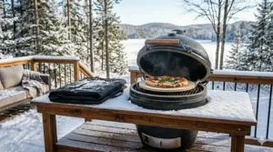 A ceramic pizza stone accessory for kamado grills featuring a crispy homemade pizza with fresh ingredients.