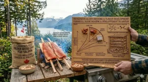 A high-detail 4K illustration explaining alder smoke flavor development and molecular transformation through traditional teachings and kiln-drying processes.