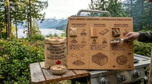 A detailed bilingual flavor profile infographic in 4K showing the delicate, sweet, and fruity characteristics of kiln-dried Canadian alder wood smoke.