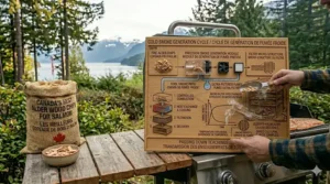 A photorealistic wooden board detailing the alder wood chips harvest and preparation process, including kiln-drying and carbonization regulation for the Canadian market.