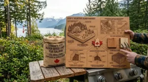 A photorealistic wood smoking comparison board contrasting alder wood chips, cedar planks, and mesquite chunks for seafood and poultry applications.