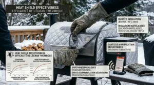 Safety illustration showing a griller using heat-resistant gloves to adjust a wireless meat smoker insulation blanket.