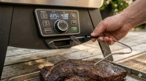 Integrated meat thermometer probe showing perfect internal temperature for smoked brisket.