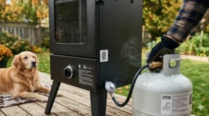 Alt text for image 9: A photorealistic illustration of a best value vertical propane smoker for the Canadian market, featuring a bilingual graphic overlay detailing durability and local support.