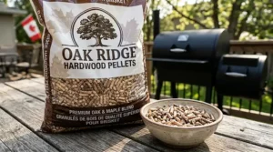 Detailed shot of the Oak Ridge hardwood pellets bag showing prominent bilingual English and French Canadian packaging for the domestic market.