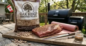 Backyard brisket preparation featuring seasoned raw beef, pink butcher paper, and premium BBQ pellets on a Canadian wooden patio.