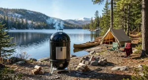 A drum smoker maintaining consistent internal temperatures during a snowy Canadian winter, demonstrating superior insulation for year-round grilling.