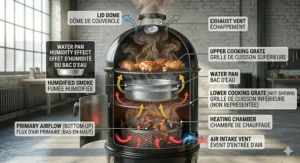 A detailed technical diagram of a drum smoker showing the bottom-up primary airflow and intake vents optimized for efficient charcoal combustion.