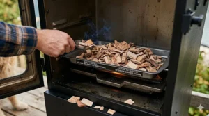 Alt text for image 6: Close-up illustration of a standard Canadian-certified 20lb propane tank securely connected to a vertical propane smoker with visible safety certifications.