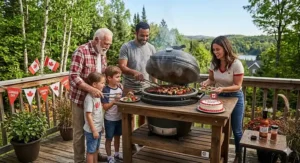 A family enjoying a Canada Day BBQ with an affordable ceramic kamado grill under $600.
