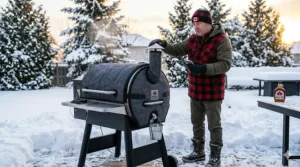 A person wearing a Canadian toque and parka checking a pellet smoker during a light snowfall.