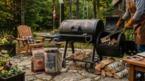Backyard setup of a charcoal offset smoker under $500 with Canadian hardwood charcoal. / Installation d'un fumoir au charbon de bois avec du charbon de bois franc canadien.