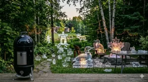 High-quality charcoal and hickory wood chunks next to a Weber Smokey Mountain, the ideal fuel setup for Canadian pitmasters.