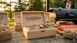 Cherry wood chips for smoking meat, known for adding a deep red mahogany tint and mild sweetness to poultry.