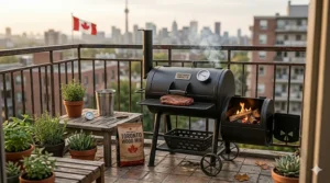 Compact offset smoker setup on a Toronto balcony with a city skyline view and Canadian flag. / Petit fumoir offset sur un balcon à Toronto avec vue sur la ville et drapeau canadien.