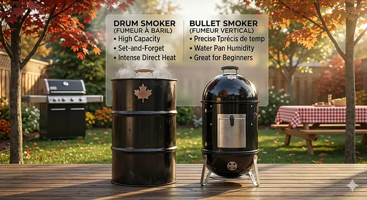 A side-by-side comparison of a vertical drum smoker and a charcoal bullet smoker in a Canadian backyard, showcasing different BBQ styles for slow-cooking. charcoal smoker for Canadian winter