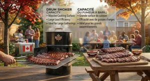 A custom DIY ugly drum smoker (fumeur à baril artisanal) featuring a Canadian maple leaf design and workshop tools for a home-built project.