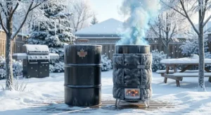 Bilingual infographic comparing a drum smoker (fumeur à baril) and a bullet smoker (fumeur vertical) with performance metrics for Canadian cooks.