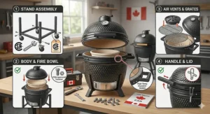 Step-by-step illustration of an affordable kamado grill assembly with Canadian-standard safety features.