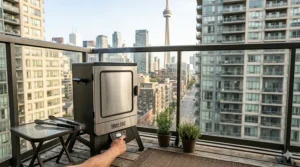 Compact electric smoker designed for small spaces like a Toronto apartment balcony.