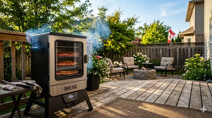 A beginner-friendly electric smoker on a Canadian backyard deck, showcasing an easy-to-use digital interface for outdoor cooking. electric smoker for beginners vertical electric smoker