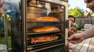 Transparent glass window on an electric smoker allowing beginners to monitor food progress.