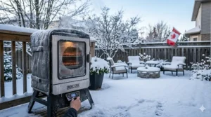 Insulated electric smoker maintaining consistent heat during a Canadian winter.