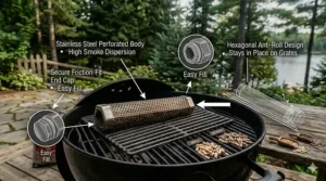Technical drawing of a hexagonal pellet smoker tube that won't roll off the grill grates.