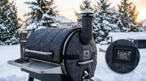 Illustration showing a thermal insulation blanket wrapped around a pellet smoker to conserve heat in sub-zero temperatures.