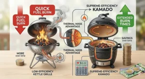 Illustration showing low charcoal consumption in a kamado grill, saving money for Canadian homeowners.