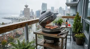 Space-saving kamado grill on a rainy Vancouver balcony, showcasing rust-resistant hardware for coastal Canada.