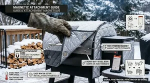 Close-up illustration of heavy-duty magnets securing an insulation blanket to a steel meat smoker for easy winter setup.