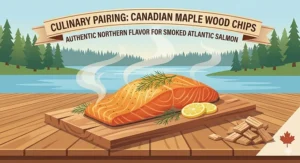 Infographic showing the mild, sweet smoke profile of Canadian maple wood chips—ideal for poultry, pork, and salmon.