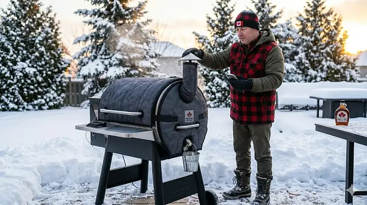 A Masterbuilt digital electric smoker on a snowy Ontario patio, featuring a homeowner preparing a meal in the Canadian winter.